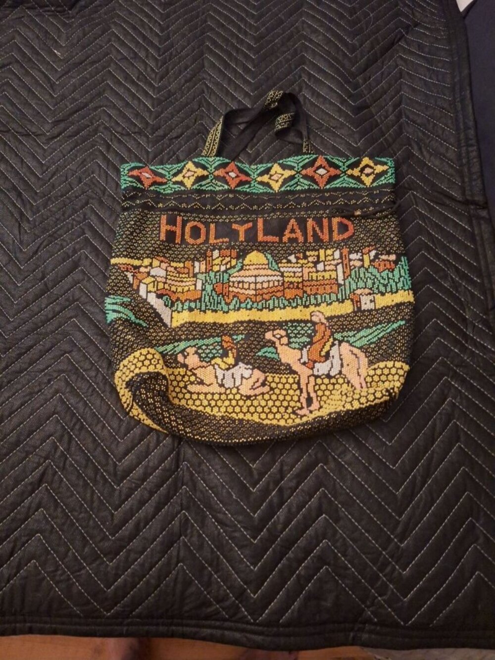 Vintage Hand-Beaded Holy Land Souvenir Tote Bag - Jerusalem Skyline & Camels